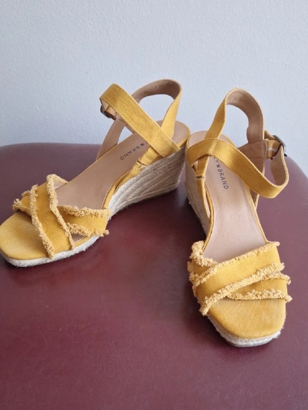 Lucky Brand Yellow Strappy Wedge Sandals - Canvas Frayed Trim